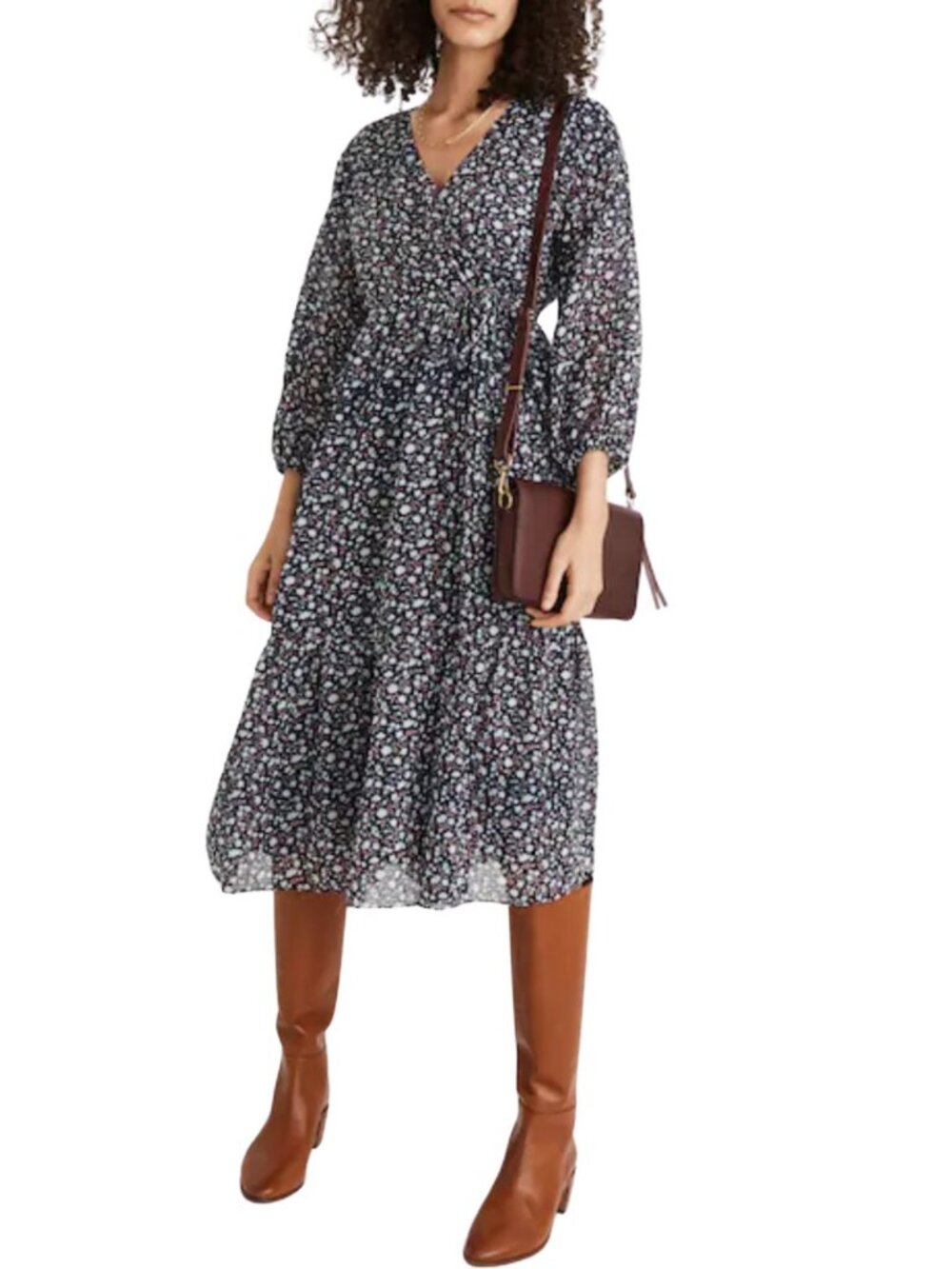 Madewell Tie Waist Faux Wrap Midi Dress Sz M Blue Floral Harvest Vine Boho